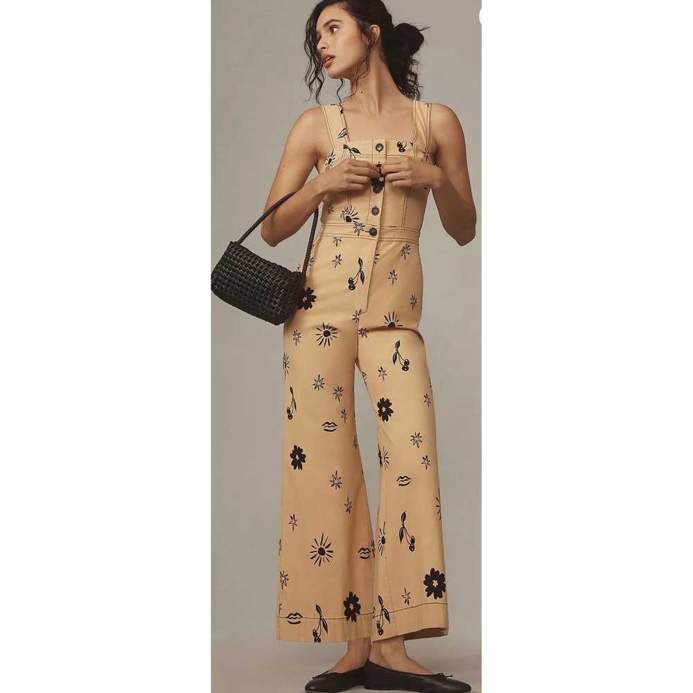 Maeve Anthropologie The Colette Portside Jumpsuit Tan Graphic Sun Flower 20W